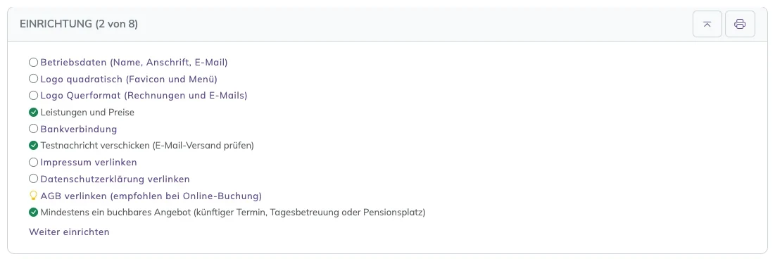 Kasten EINRICHTUNG auf dem Dashboard mit offenen und erledigten Punkten