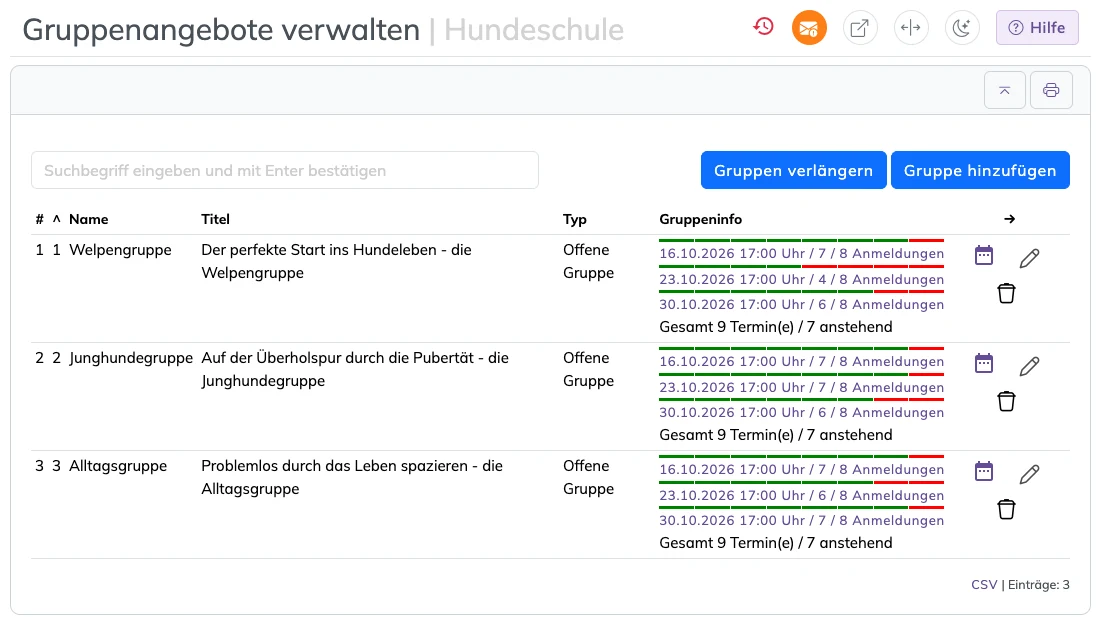 Liste der Gruppen mit kommenden Terminen und Anmeldungen