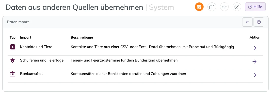 Datenimport mit Kontakte und Tiere, Schulferien und Bankumsätze
