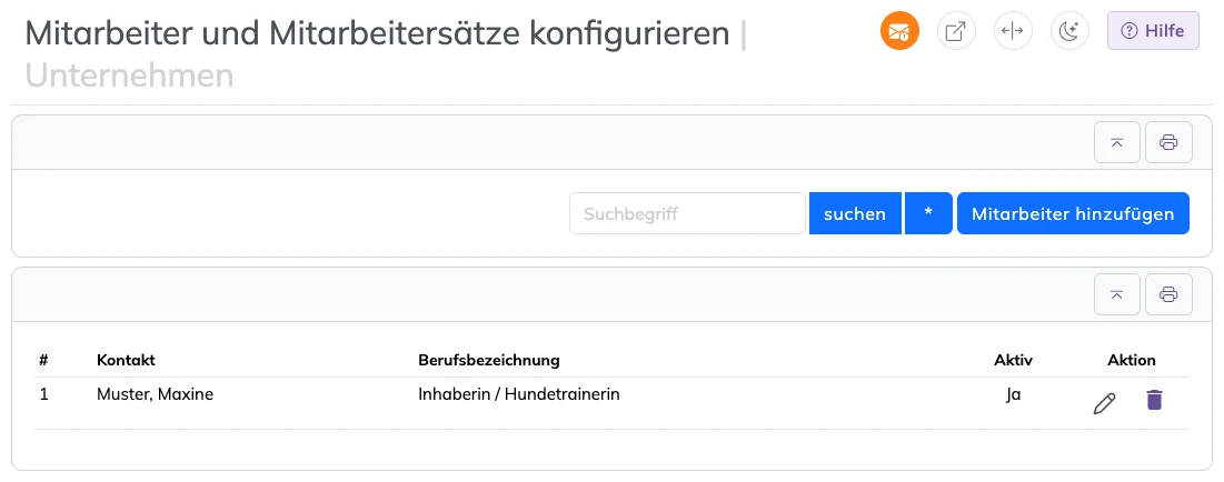 Mitarbeiterliste mit Knopf Mitarbeiter hinzufügen