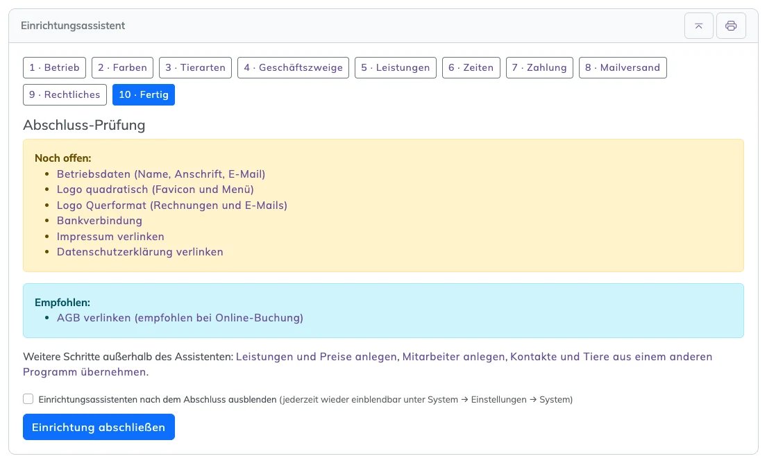 Schritt 10 Fertig mit Abschluss-Prüfung, offenen Punkten und Empfehlungen