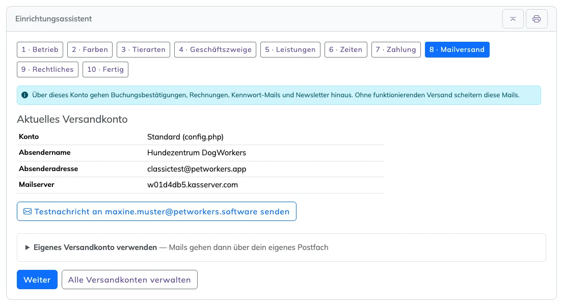 Schritt 8 Mailversand mit aktuellem Versandkonto und Knopf für die Testnachricht