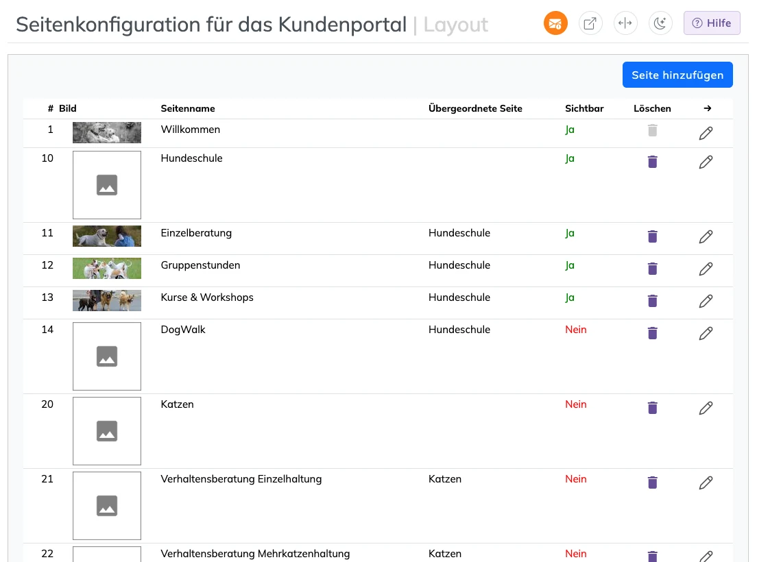 Seitenverwaltung mit Seiten, übergeordneten Seiten und Sichtbarkeit