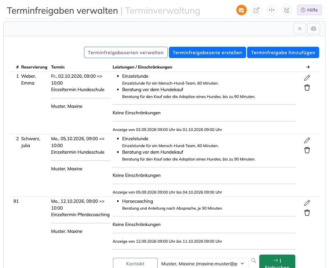 Terminverwaltung Terminfreigaben mit freigegebenen Einzelterminen