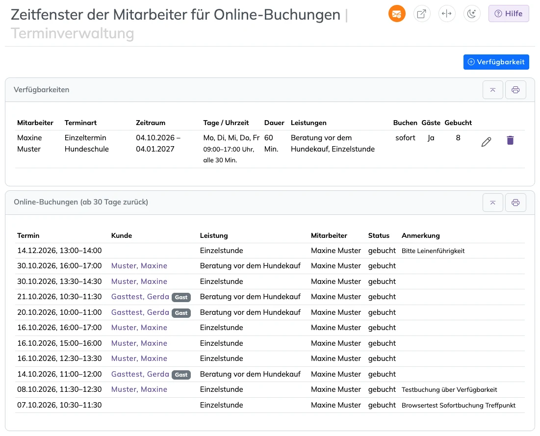 Verfügbarkeiten eines Mitarbeiters und die daraus gebuchten Termine