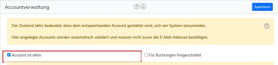 Abschnitt Accountverwaltung, der Haken Account ist aktiv ist rot markiert