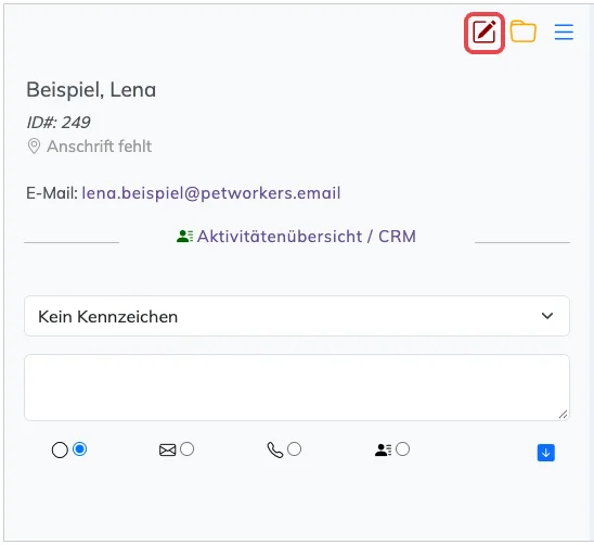 Kontaktkarte in der Kontaktliste, das Stift-Symbol oben rechts ist rot markiert