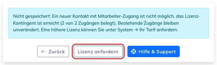 Meldung Nicht gespeichert: Ein neuer Kontakt mit Mitarbeiter-Zugang ist nicht möglich, das Lizenz-Kontingent ist erreicht (2 von 2 Zugängen belegt), darunter die Knöpfe Zurück, Lizenz anfordern (rot markiert) und Hilfe & Support