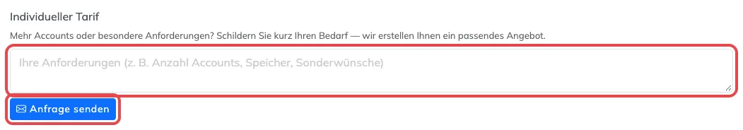 Bereich Individueller Tarif mit rot markiertem Textfeld und rot markiertem Knopf Anfrage senden