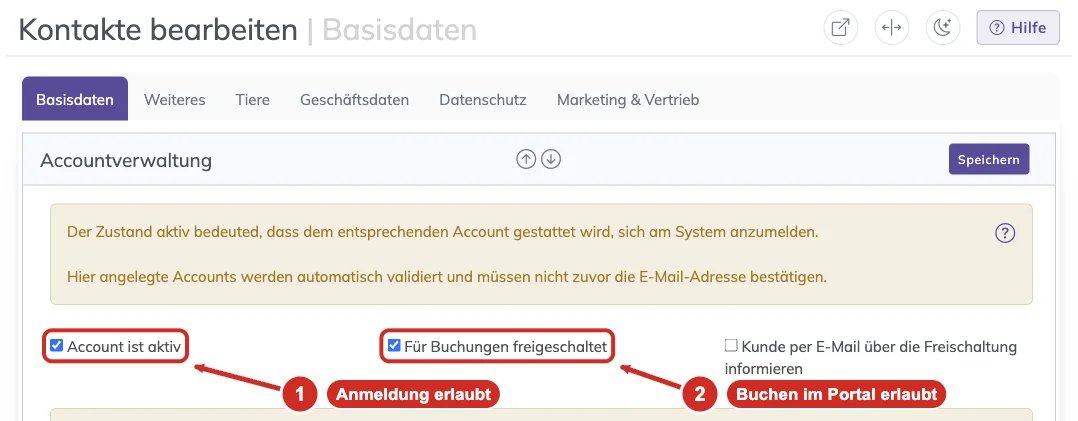 Abschnitt Accountverwaltung mit den Haken Account ist aktiv und Für Buchungen freigeschaltet