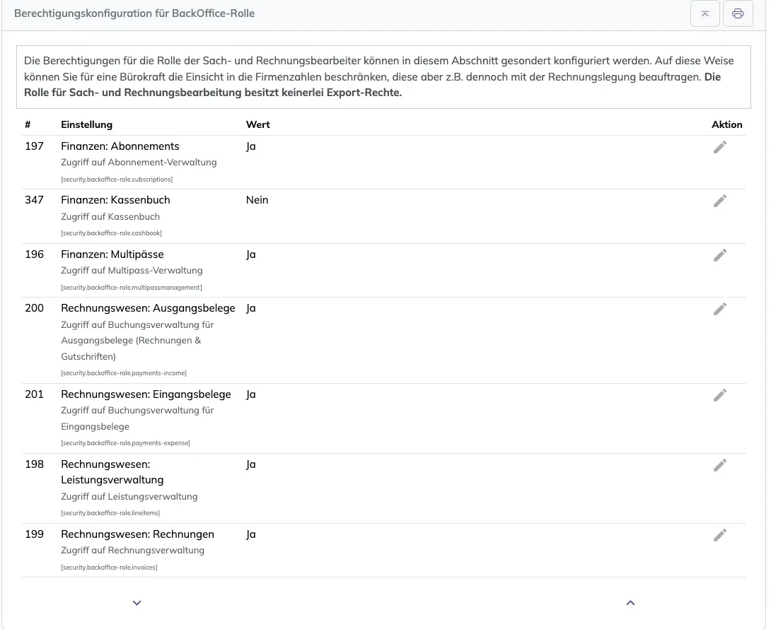 Einstellungsgruppe Berechtigungskonfiguration für BackOffice-Rolle mit sieben Ja/Nein-Schaltern