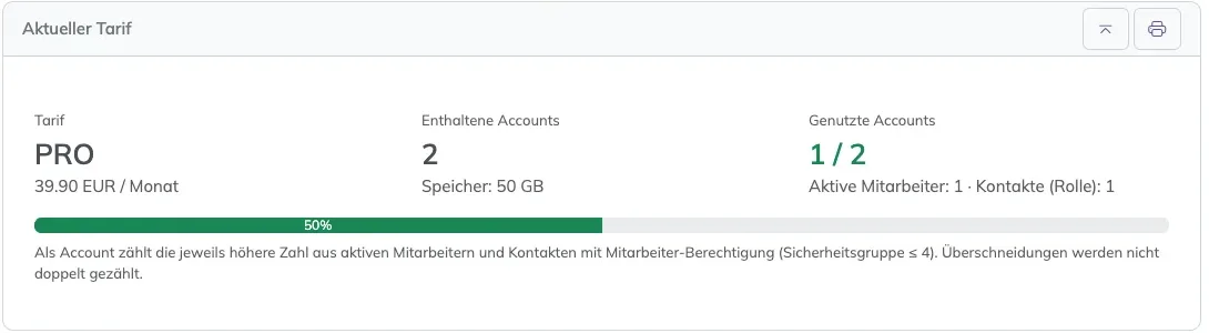 System, Ihr Tarif: aktueller Tarif, enthaltene und genutzte Accounts
