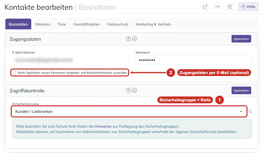Kontaktformular mit den Abschnitten Zugangsdaten und Zugriffskontrolle mit dem Feld Sicherheitsgruppe