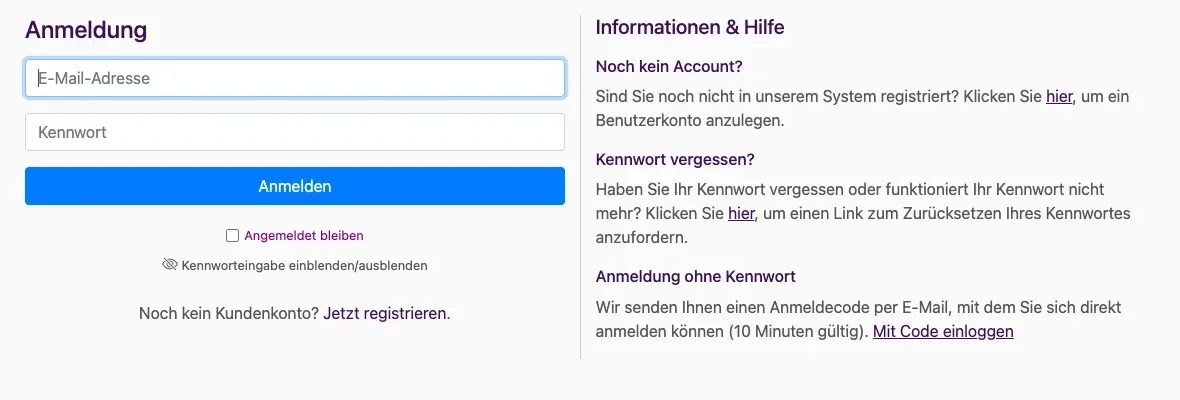 Anmeldeseite mit E-Mail-Adresse, Kennwort und dem Kasten Informationen & Hilfe