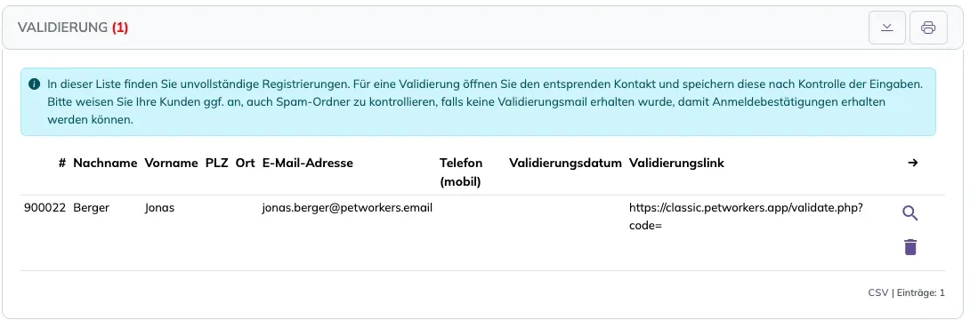 Aufgeklappter Kasten Validierung mit einer unvollständigen Registrierung