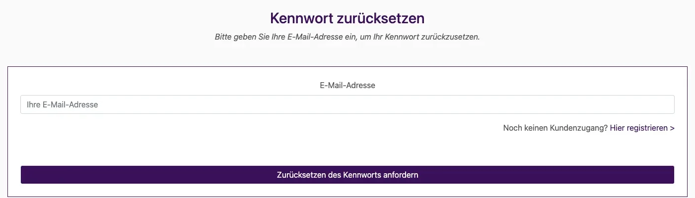 Seite Kennwort zurücksetzen mit Feld für die E-Mail-Adresse