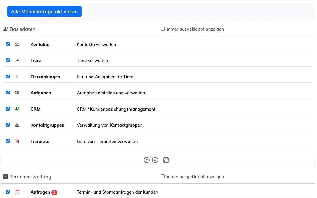 Menüeinstellungen mit Haken je Menüpunkt und Immer ausgeklappt anzeigen