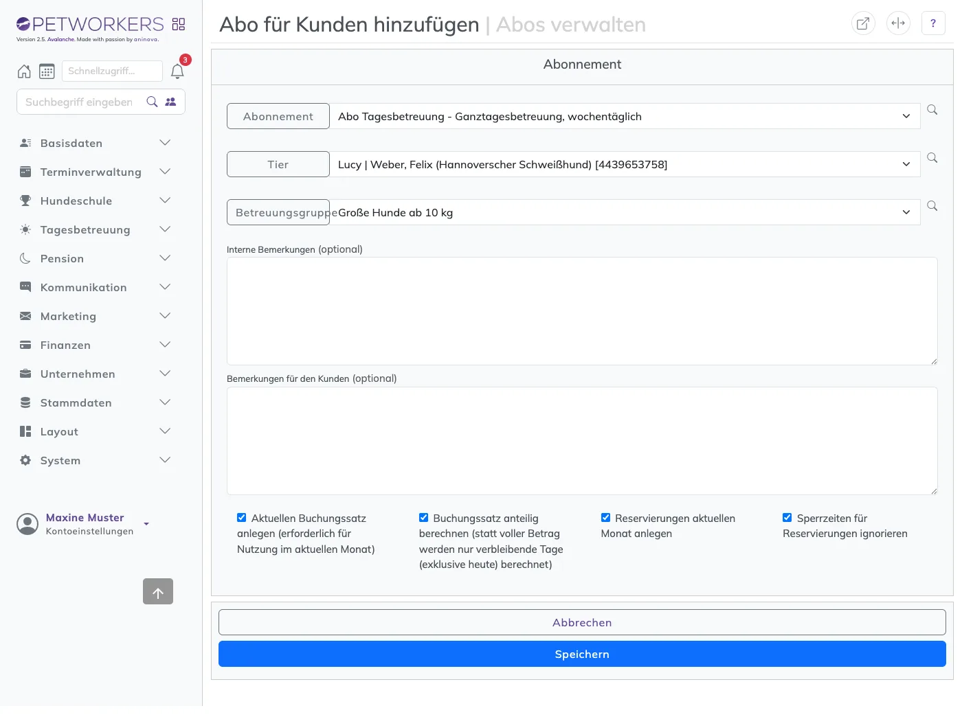 Tagesbetreuungsabonnement für einen Kunden hinzufügen