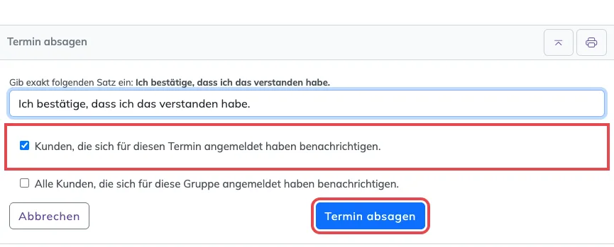 Unterer Teil des Fensters mit gesetztem Haken und rot markiertem blauen Knopf Termin absagen