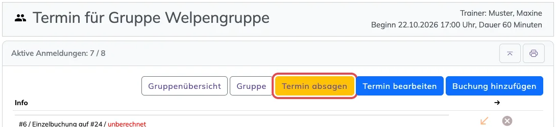 Seite eines Gruppentermins mit rot markiertem gelben Knopf Termin absagen