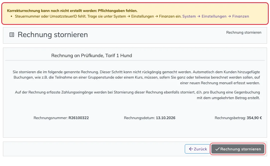 Seite Rechnung stornieren mit rot markiertem gelbem Kasten und gesperrtem Knopf Rechnung stornieren