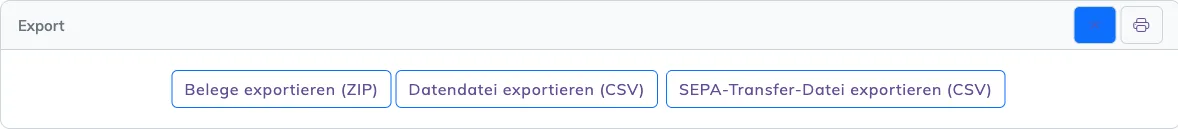 Aufgeklappter Kasten Export mit den Knöpfen Belege exportieren (ZIP), Datendatei exportieren (CSV) und SEPA-Transfer-Datei exportieren (CSV)