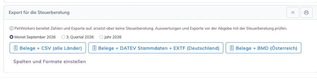 Kasten Export für die Steuerberatung mit Zeitraumwahl und den Knöpfen Belege plus CSV, Belege plus DATEV und Belege plus BMD