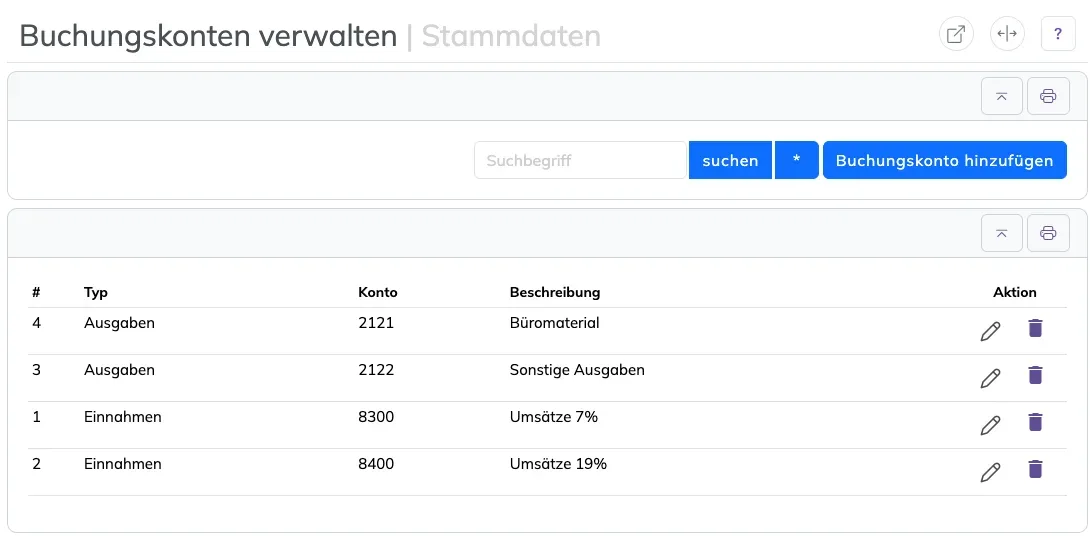 Liste der Buchungskonten mit Typ, Konto und Beschreibung