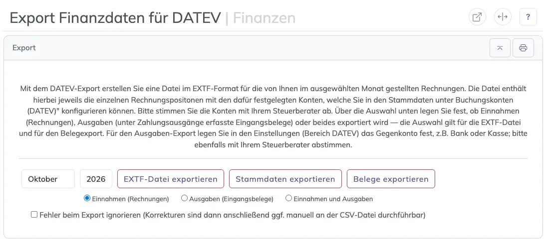 Seite DATEV-Export mit Monat, Jahr, den drei Export-Knöpfen, der Auswahl Einnahmen/Ausgaben und dem Häkchen Fehler ignorieren