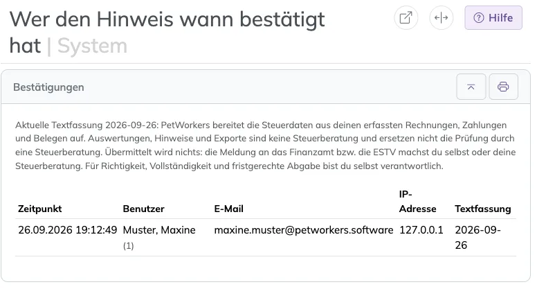 Liste der Bestätigungen mit aktueller Textfassung und einer Zeile mit Zeitpunkt, Benutzer, E-Mail, IP-Adresse und Textfassung