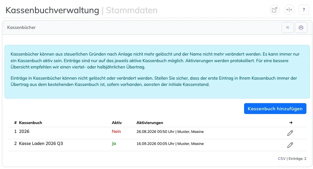 Kassenbuchverwaltung mit Hinweistext, dem Knopf Kassenbuch hinzufügen und zwei Kassenbüchern, eines aktiv