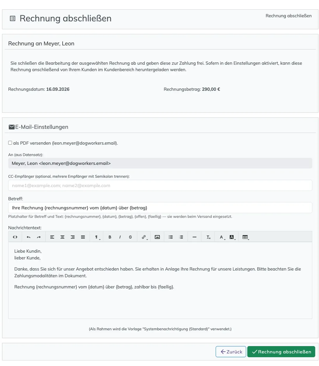 Seite Rechnung abschließen mit dem Häkchen als PDF versenden, CC-Feld, Betreff und Nachrichtentext