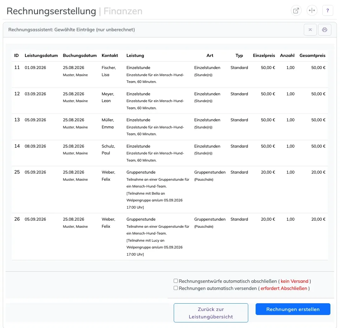 Rechnungsassistent mit sechs ausgewählten Positionen und den Häkchen zum Abschließen und Versenden