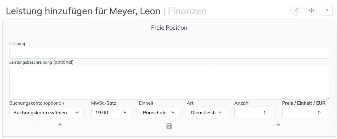 Formular Freie Position mit den Feldern Leistung, Buchungskonto, MwSt.-Satz, Einheit, Art, Anzahl und Preis