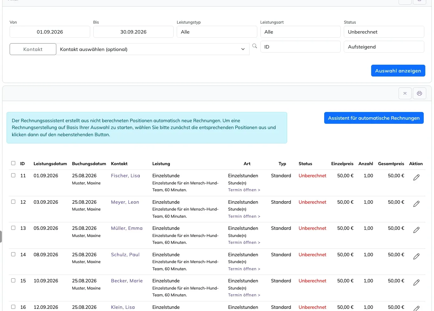 Leistungsverwaltung mit Filter auf September und Status Unberechnet, darunter die Liste der offenen Positionen