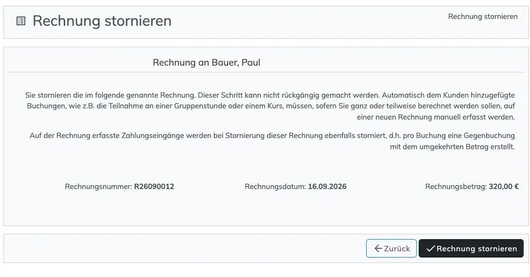 Seite Rechnung stornieren mit Hinweistext, Rechnungsnummer, Datum und Betrag