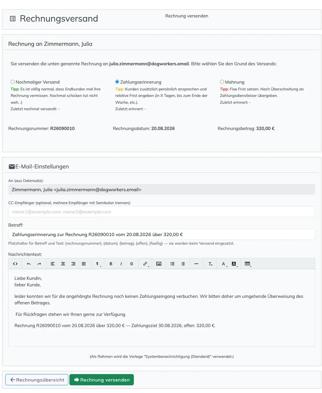 Seite Rechnungsversand mit ausgewählter Zahlungserinnerung und vorausgefülltem Betreff