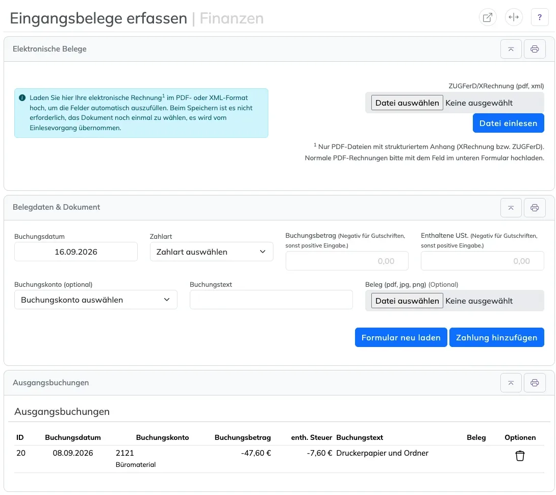 Seite Eingangsbelege erfassen mit Upload für E-Rechnungen, dem Buchungsformular und einer gebuchten Ausgabe