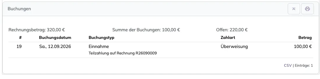 Kasten Buchungen in einer Rechnung mit Rechnungsbetrag, Summe der Buchungen, offenem Betrag und einer Teilzahlung