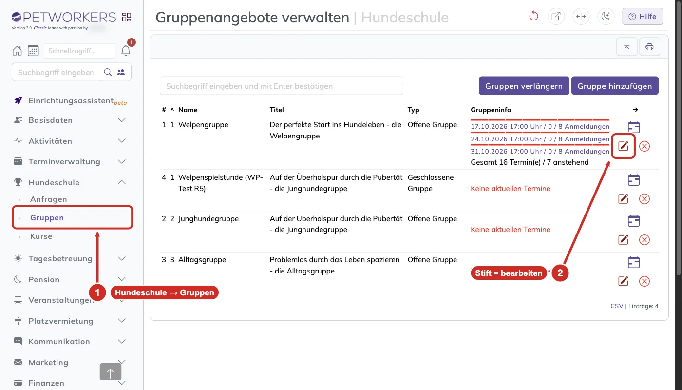 Liste der Gruppen mit markiertem Menüpunkt Gruppen und markiertem Stift in der Zeile Welpengruppe