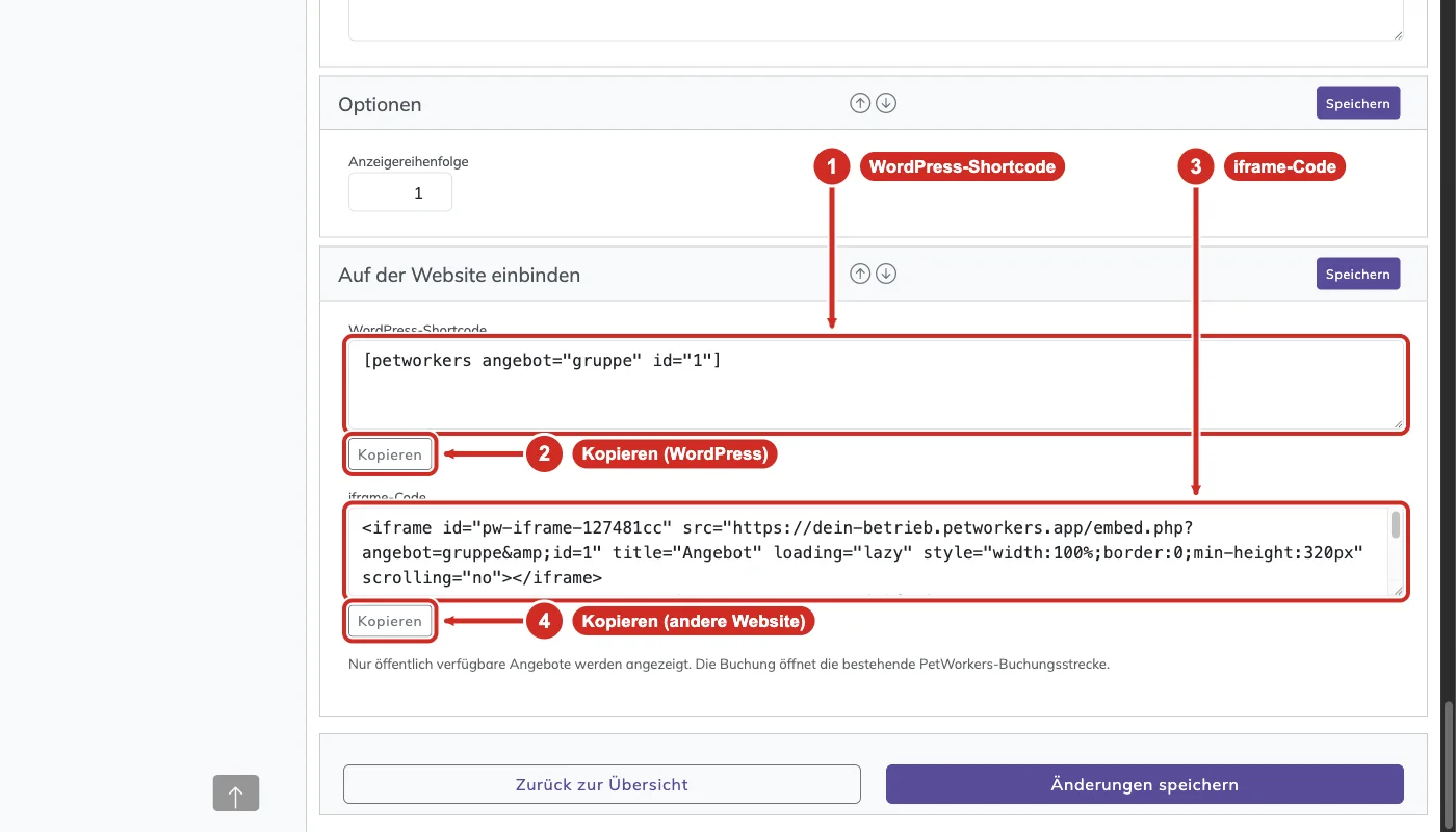 Kasten Auf der Website einbinden mit WordPress-Shortcode, iframe-Code und zwei Knöpfen Kopieren