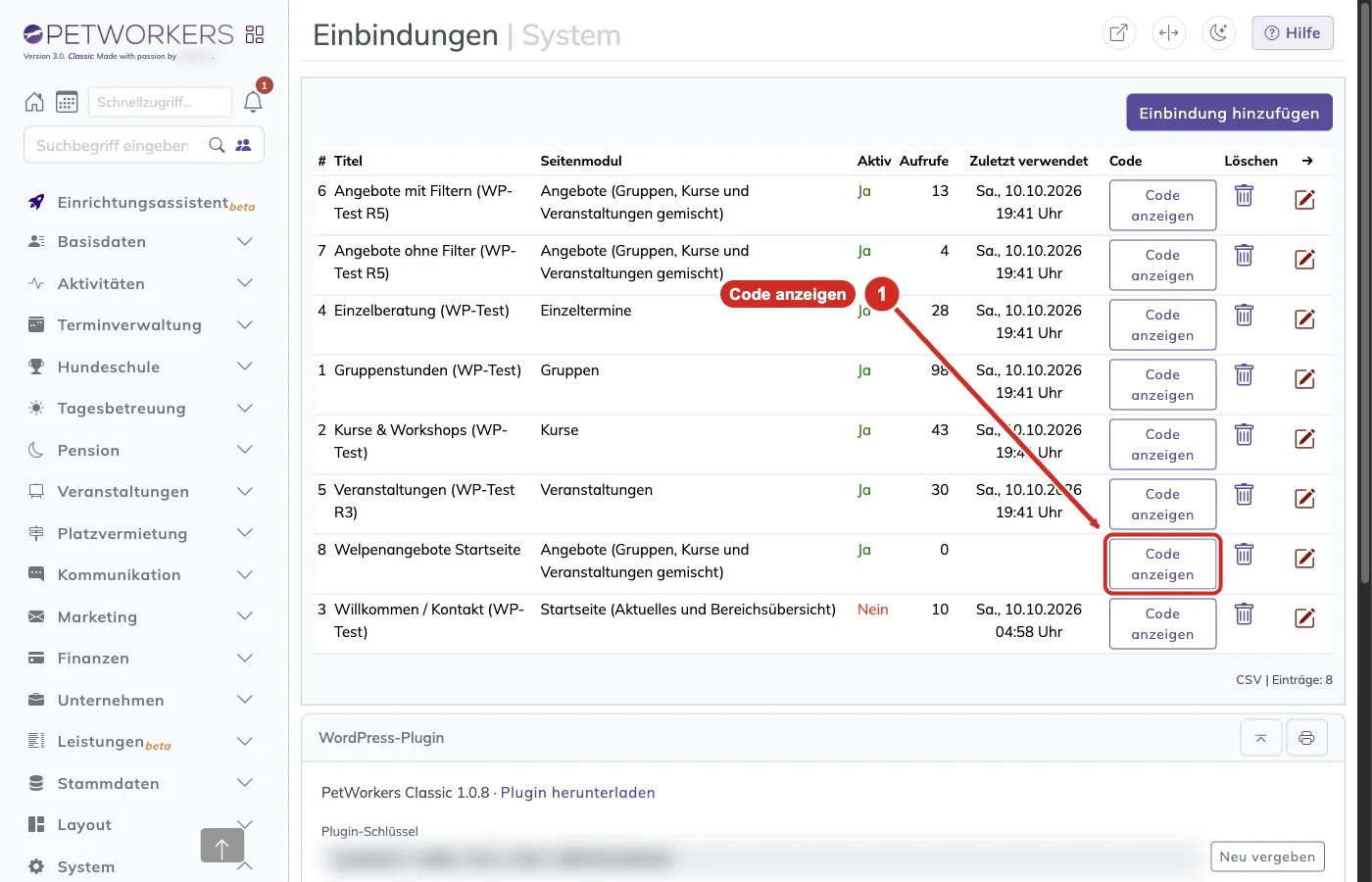 Liste der Einbindungen mit markiertem Knopf Code anzeigen