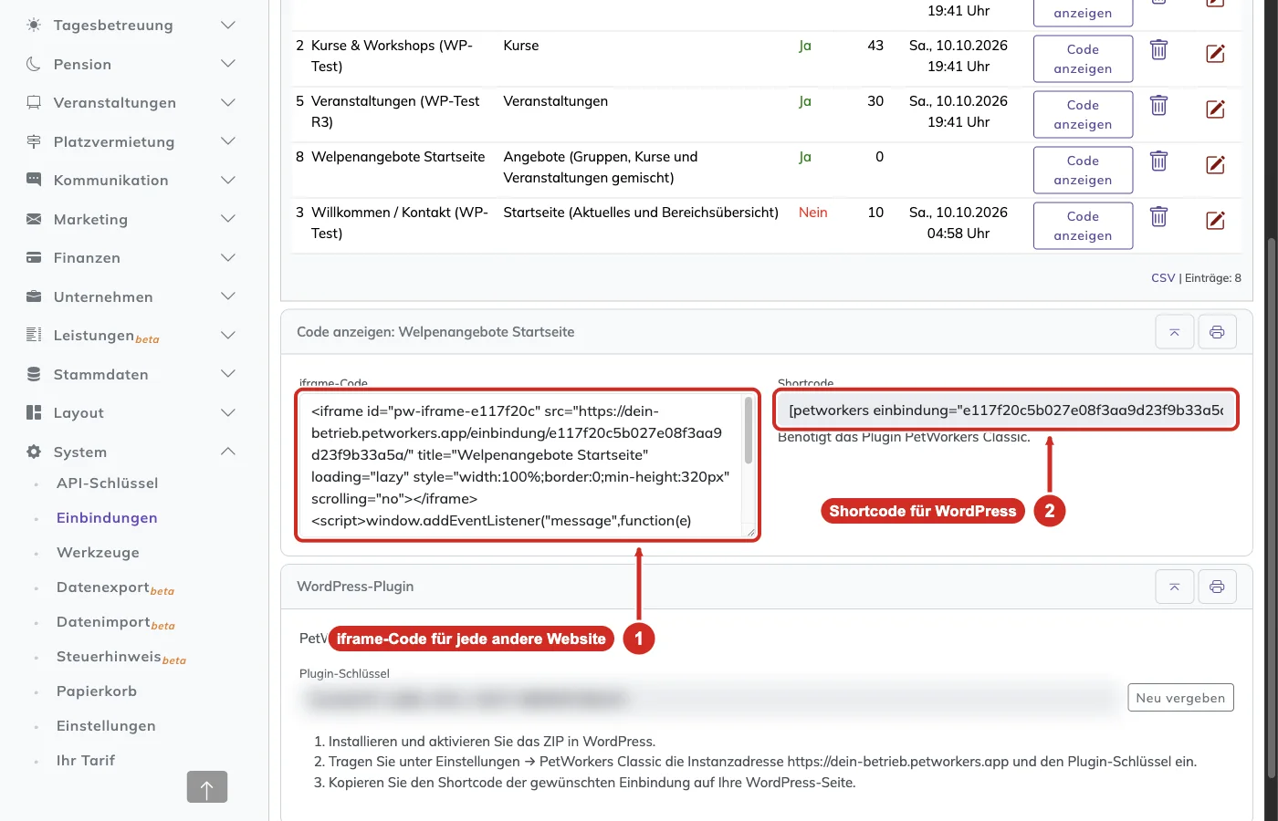 Kasten Code anzeigen mit iframe-Code links und Shortcode rechts