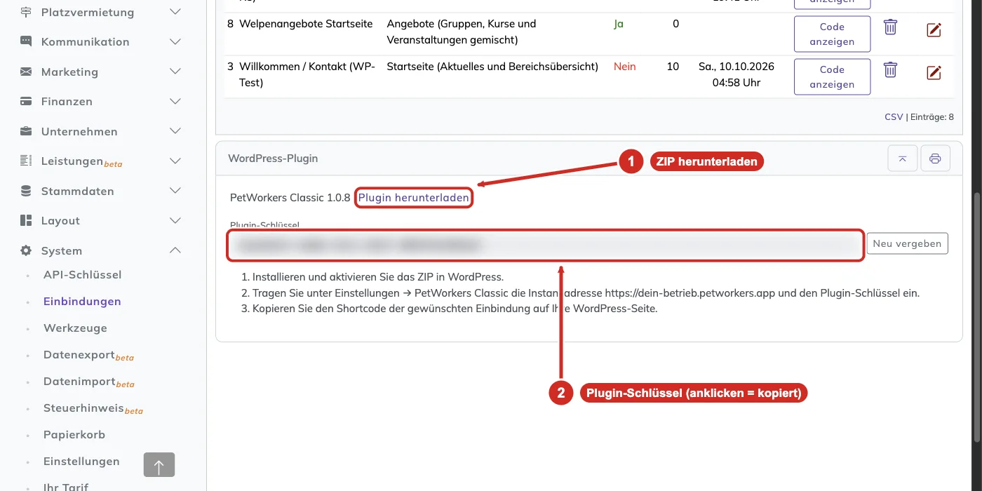 Kasten WordPress-Plugin mit Version, Link Plugin herunterladen und unkenntlich gemachtem Plugin-Schlüssel