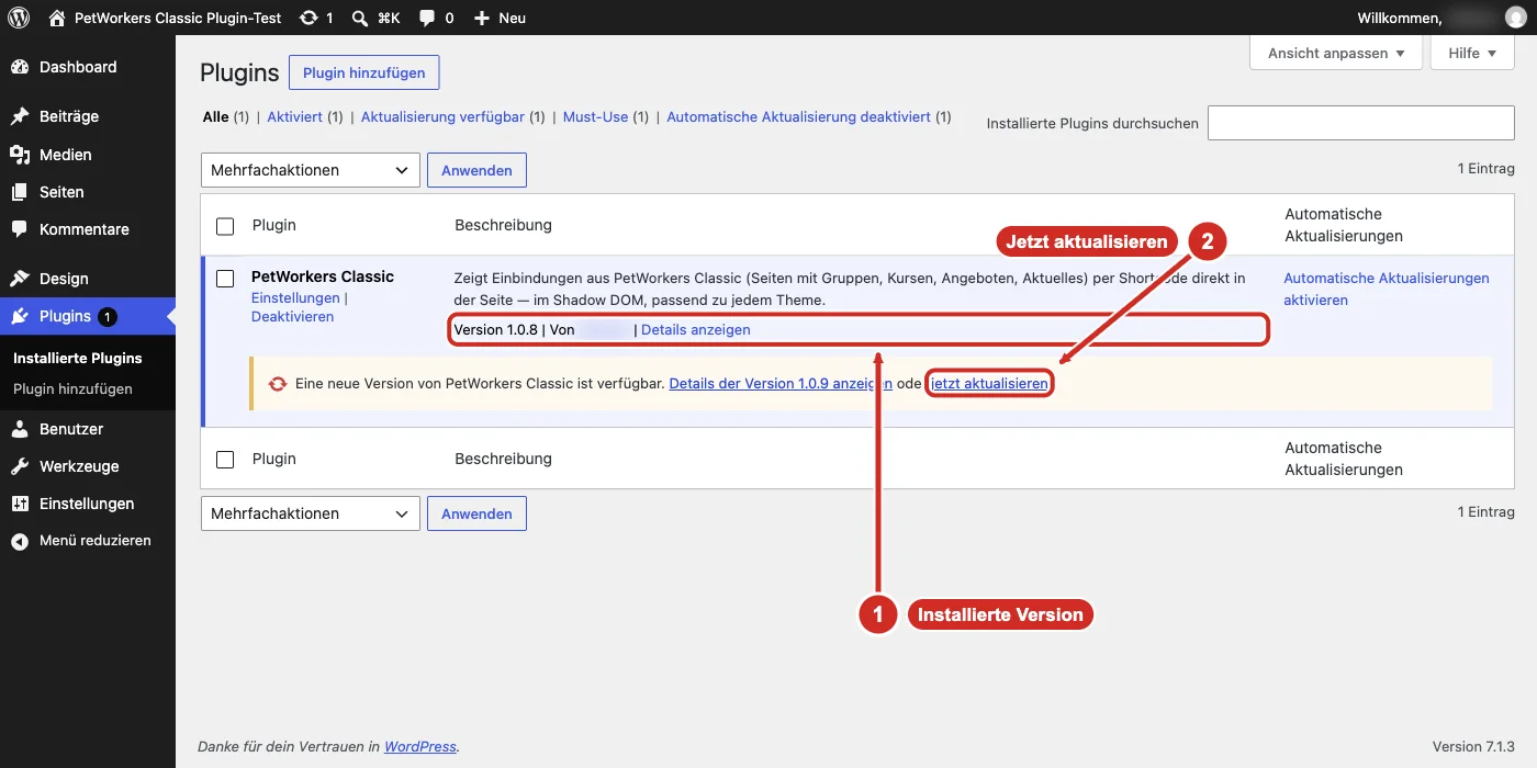 WordPress-Pluginliste mit PetWorkers Classic 1.0.8 und Hinweis auf Version 1.0.9