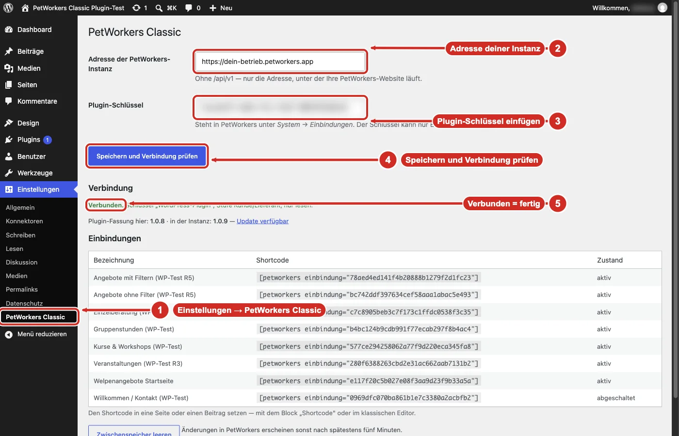 WordPress-Einstellungsseite PetWorkers Classic mit Adresse, Plugin-Schlüssel und Verbindungsstatus