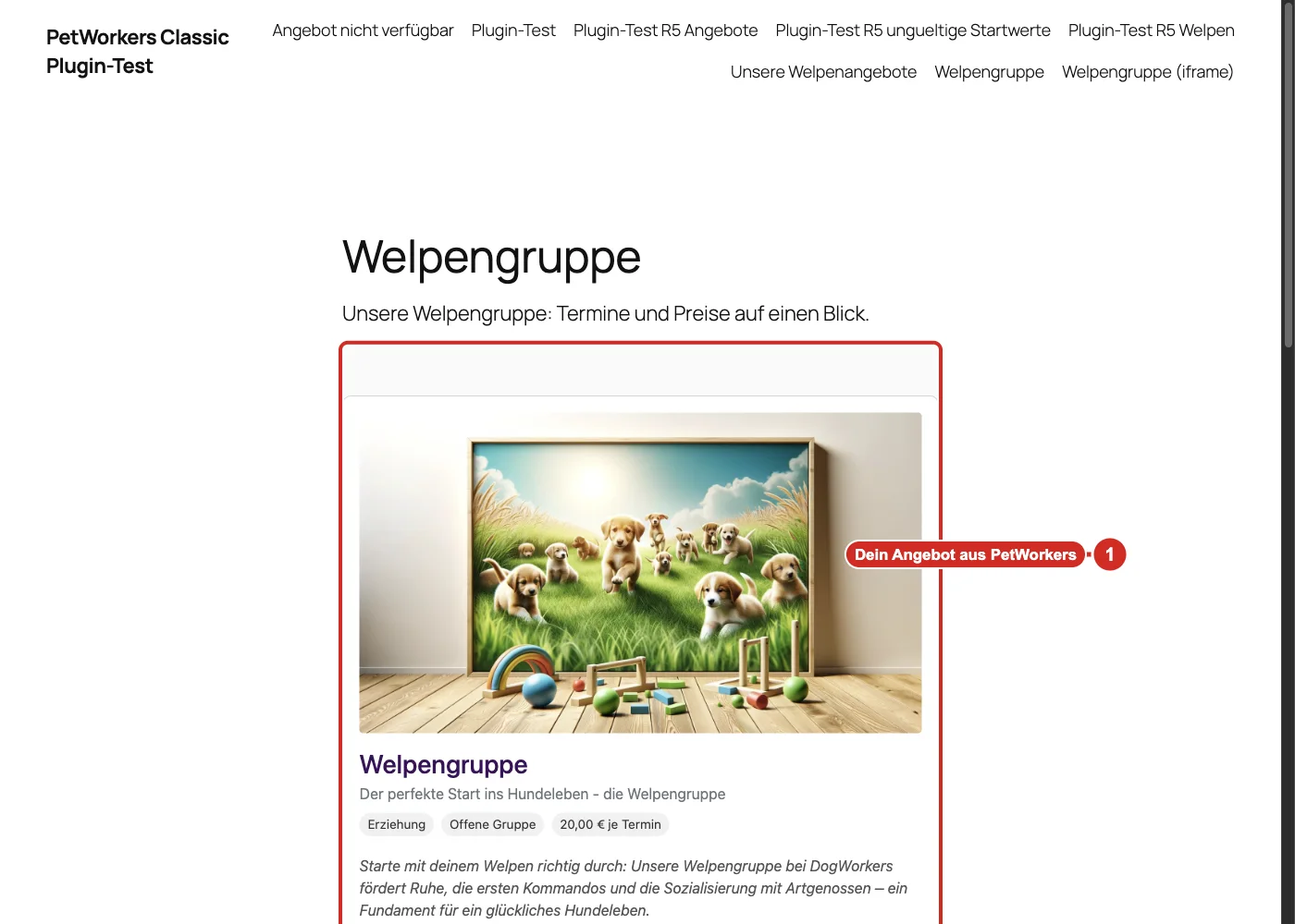 WordPress-Seite Welpengruppe, darin das eingebundene Angebot mit Bild und Beschreibung
