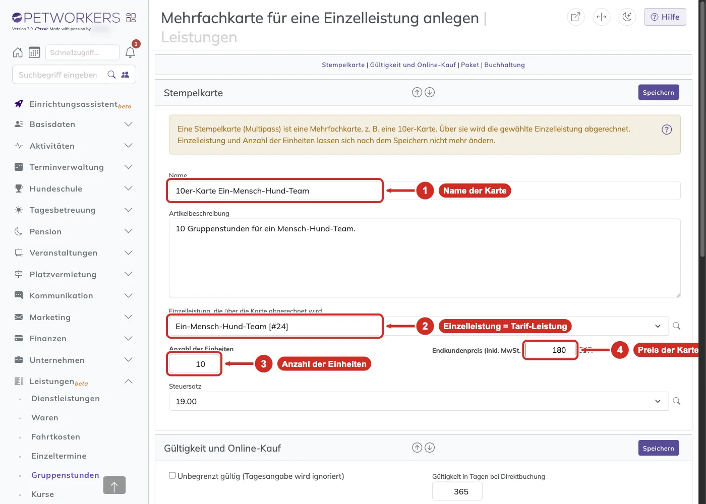 PetWorkers Classic: Formular Mehrfachkarte für eine Einzelleistung anlegen mit Name, Einzelleistung, Anzahl der Einheiten und Preis