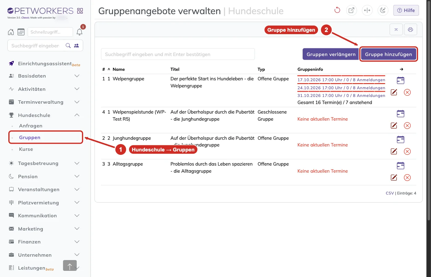 PetWorkers Classic: Gruppenangebote verwalten mit dem Knopf Gruppe hinzufügen