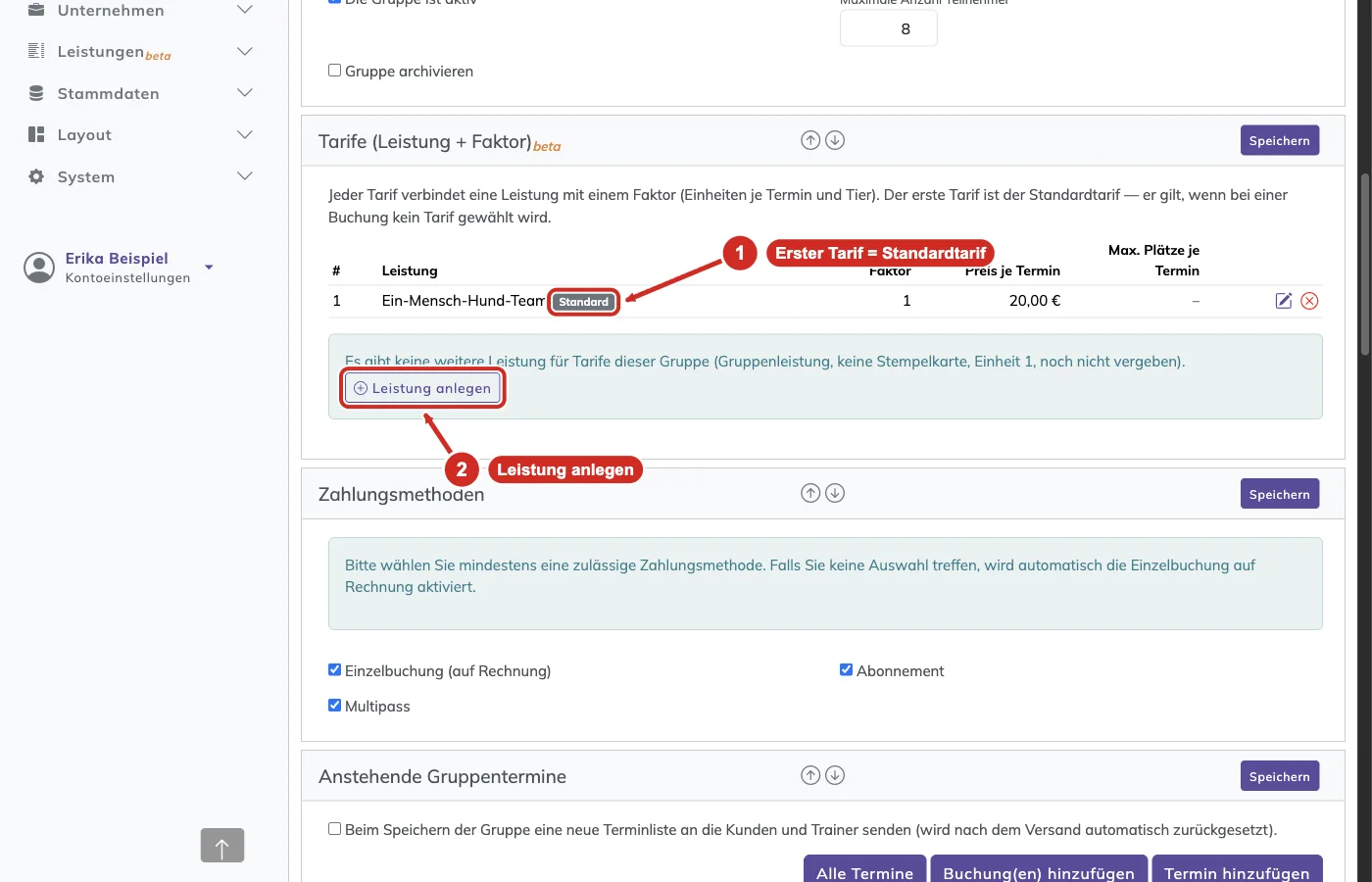 PetWorkers Classic: Tarifliste mit Standardtarif und dem Hinweis Es gibt keine weitere Leistung samt Link Leistung anlegen